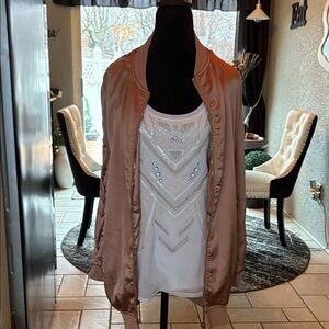Express Women's Bomber Jacket - Gold Metallic with Cream, beaded tank top.